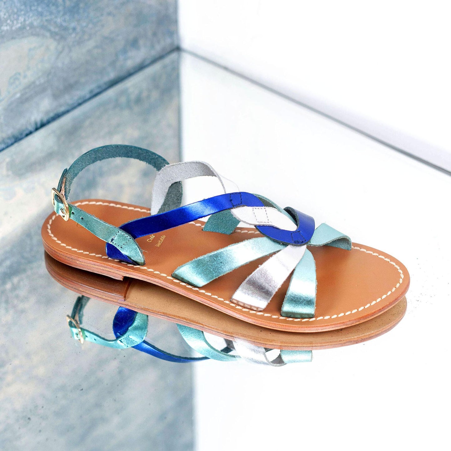 SUZETTE sandales en cuir aqua electric blue silver